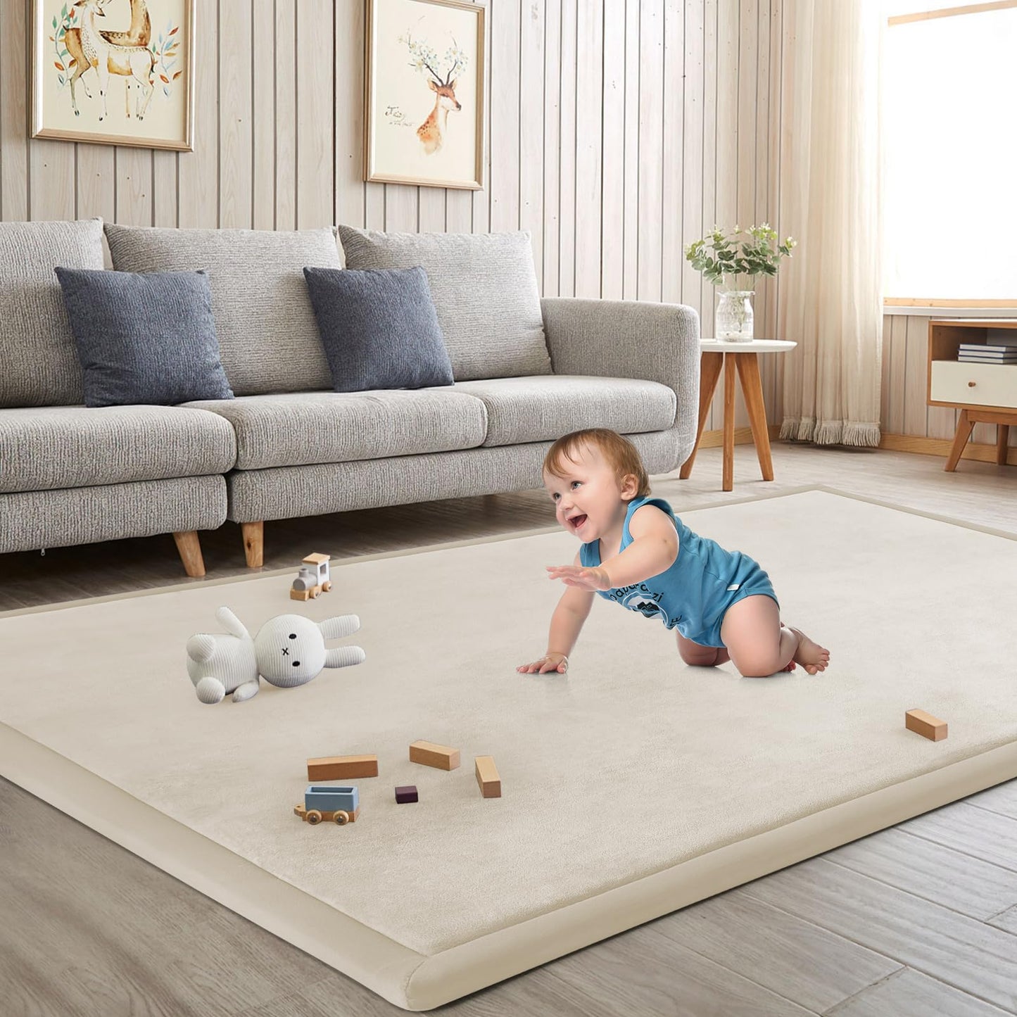 ILPEOD Baby Play Mat for Floor Nursery Rug Muscle Mat Area Rug Playroom Rug 50"x50" Playpen Mat Elastic Foam 1.3" Thick Crawling Mat for Babies,Toddlers, Infants, Kids,A Beige