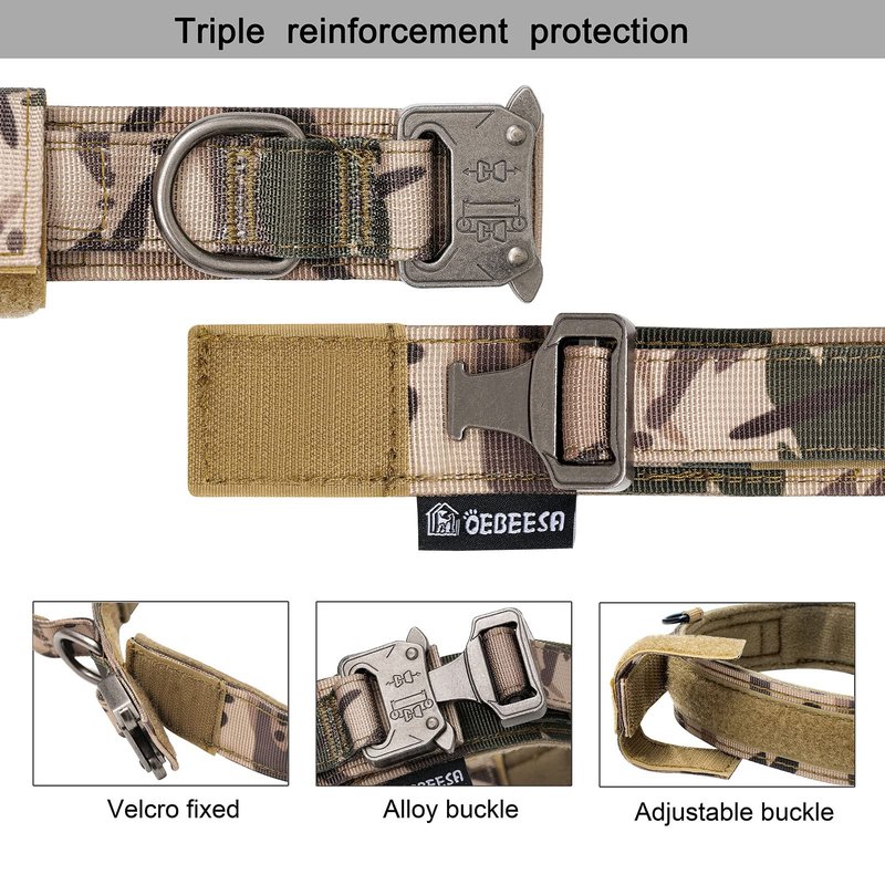 OEBEESA Tactical Dog Collar Adjustable Military Collar: - Nylon K9 Collars with Handle and Heavy Duty Metal Buckle for Medium and Large Dogs with 3 Patches and Airtag Case Holder (XL, Camo)