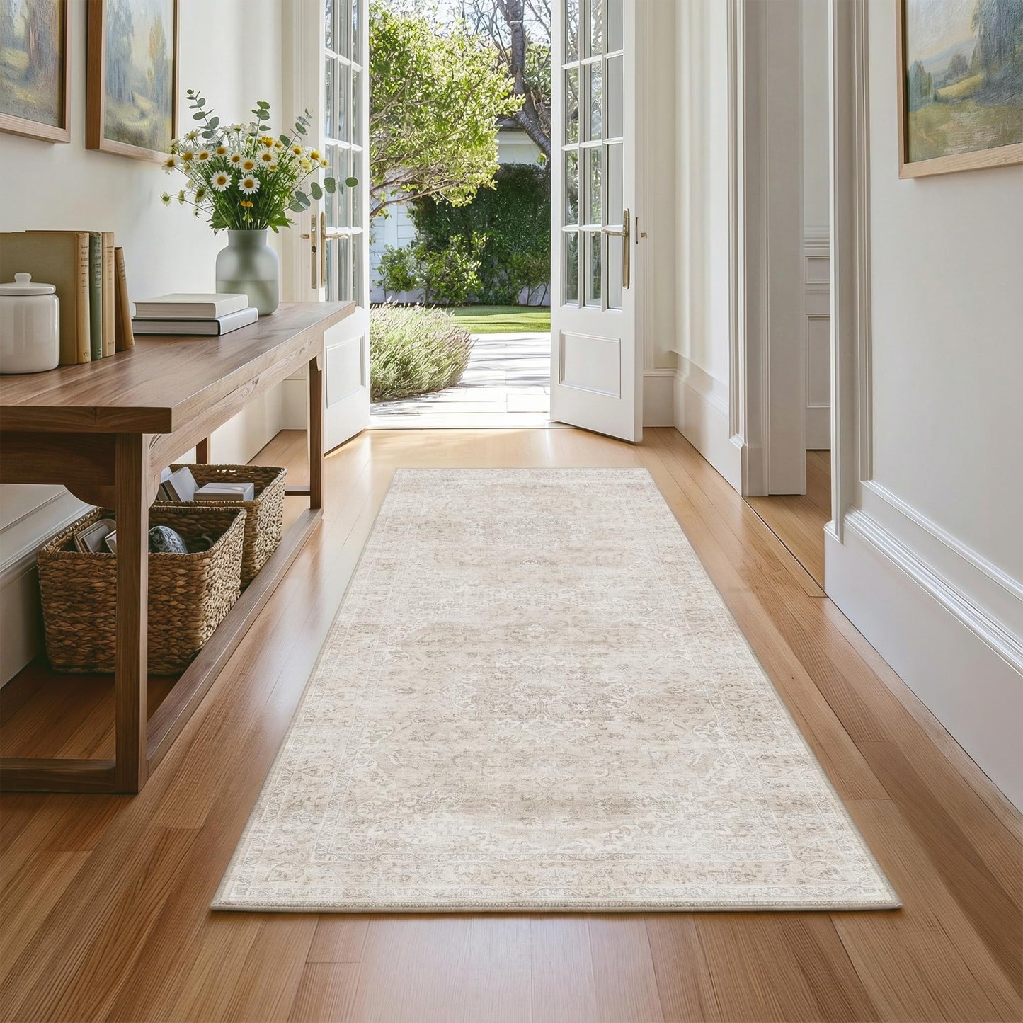 FMFUNCTEX 2x6 Hallway Runner Rug Beige Vintage Neutral Washable Distressed Non Slip Low Pile Indoor Carpet Soft Retro Entryway Rug for Kitchen Bathroom Laundry Entrance Living Room Bedroom Bedside