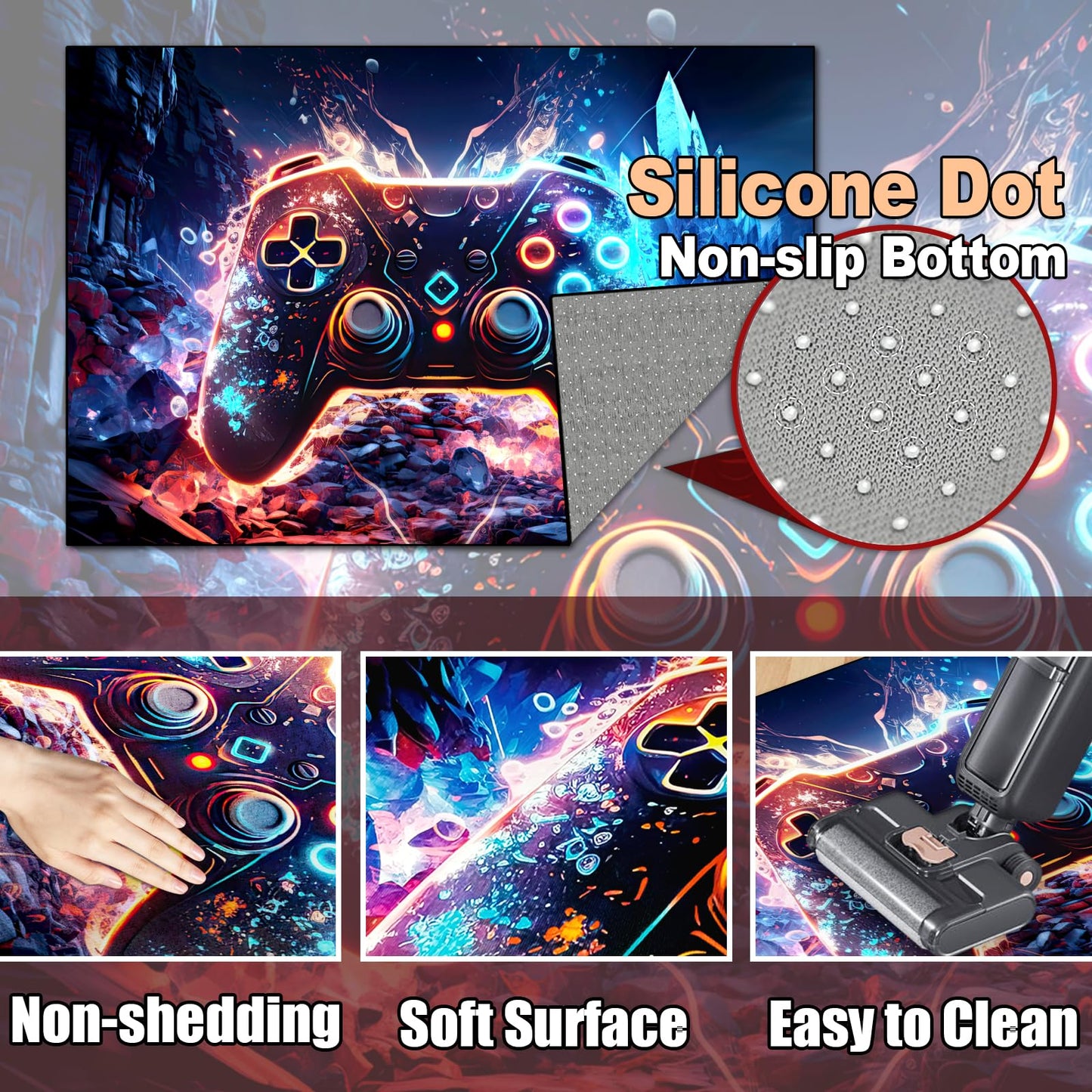 Gaming Area Rug Teen Boys Carpet, Colorful Gamepad Background Game Controller Design for Game Room, Boys Girls Bedroom Playroom, Living Room (Crystal Cave, 60" x 40")