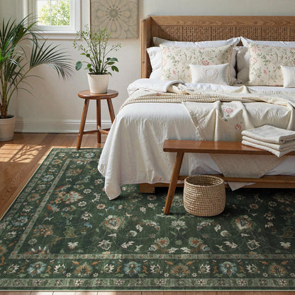 Hedlive 6' x 9' Vintage Floral Area Rug, Washable Green Living Room Rug with Non-Slip Backing, No Shedding, Stain Resistant Carpet for Bedroom Dining Room Under Table Home Office Apartment
