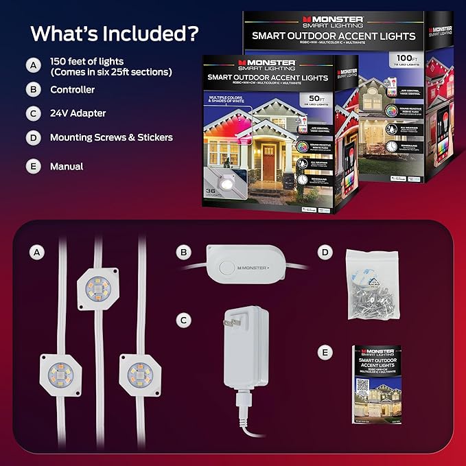 Monster Smart Permanent Outdoor Lights, 150ft, 108 LED Eaves Lights, RGB+IC+WW, Weather & Water Resistant, App & Voice Control, Compatible with Alexa & Google, Halloween, Christmas, Year-Round