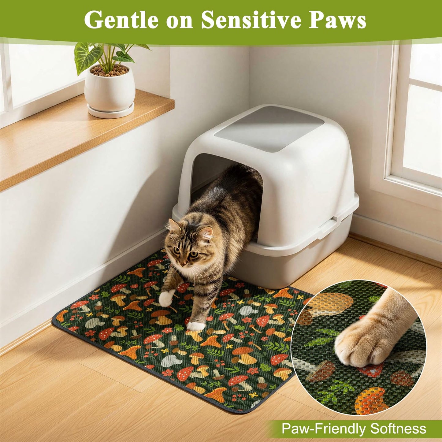 Unicorn Catcher 40X30in Cat Litter Mat Machine Washable Soft 3D Air Mesh Litter Box Rug Non-Slip Backing Quick Dry Scatter Control for Paws,Green Mushrooms
