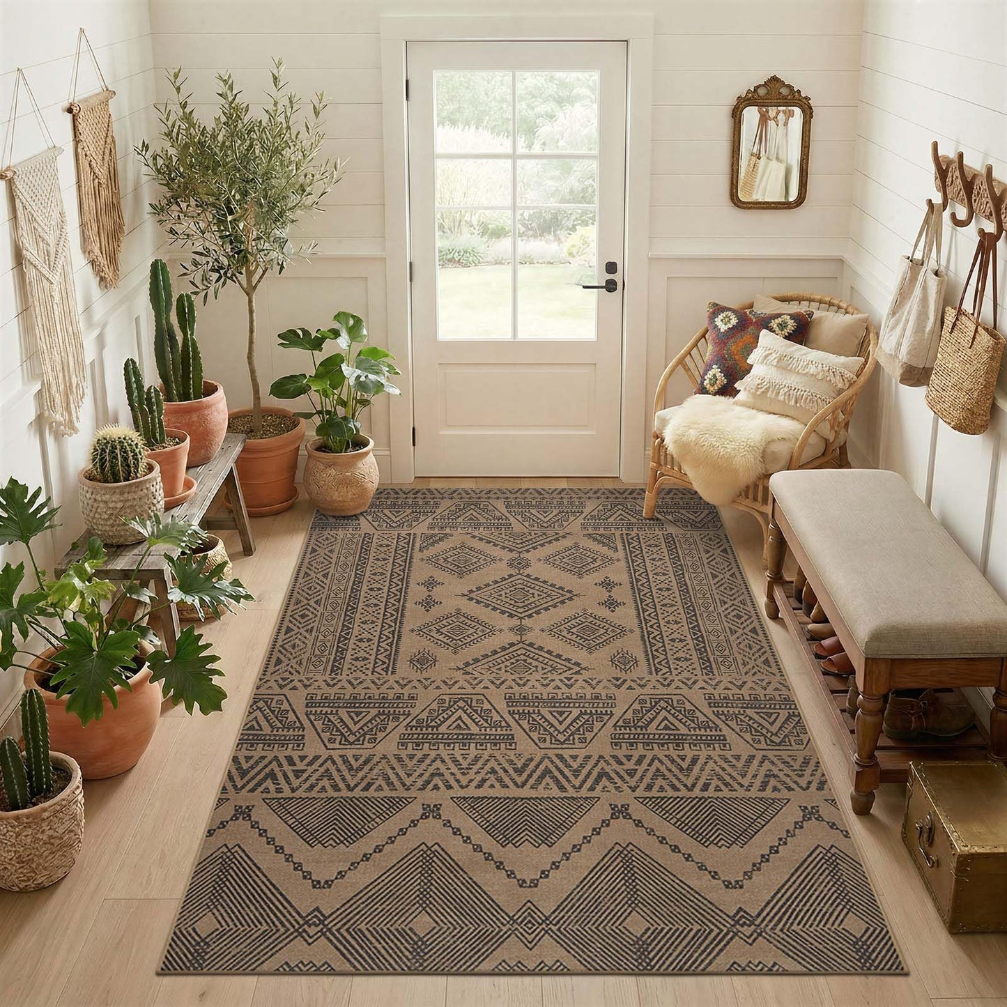 jinchan 5x7 Washable Faux Jute Area Rug, Boho Southwestern Geometric Natural Fiber Look Outdoor Rug, Low-Pile Non-Slip Floor Mat for Living Room Dining Room Bedroom Patio, Natural Charcoal