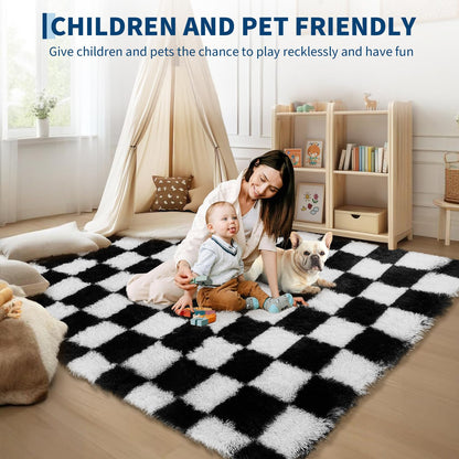 Garvee Checkered Area Rug 9x12 Large Rug Thick Super Soft Shaggy Rugs Fluffy Carpet Fluffy Fuzzy Shag Washable Rugs for Living Room Nursery Bedroom Luxury Playroom Teen Plush Carpets,Black and White