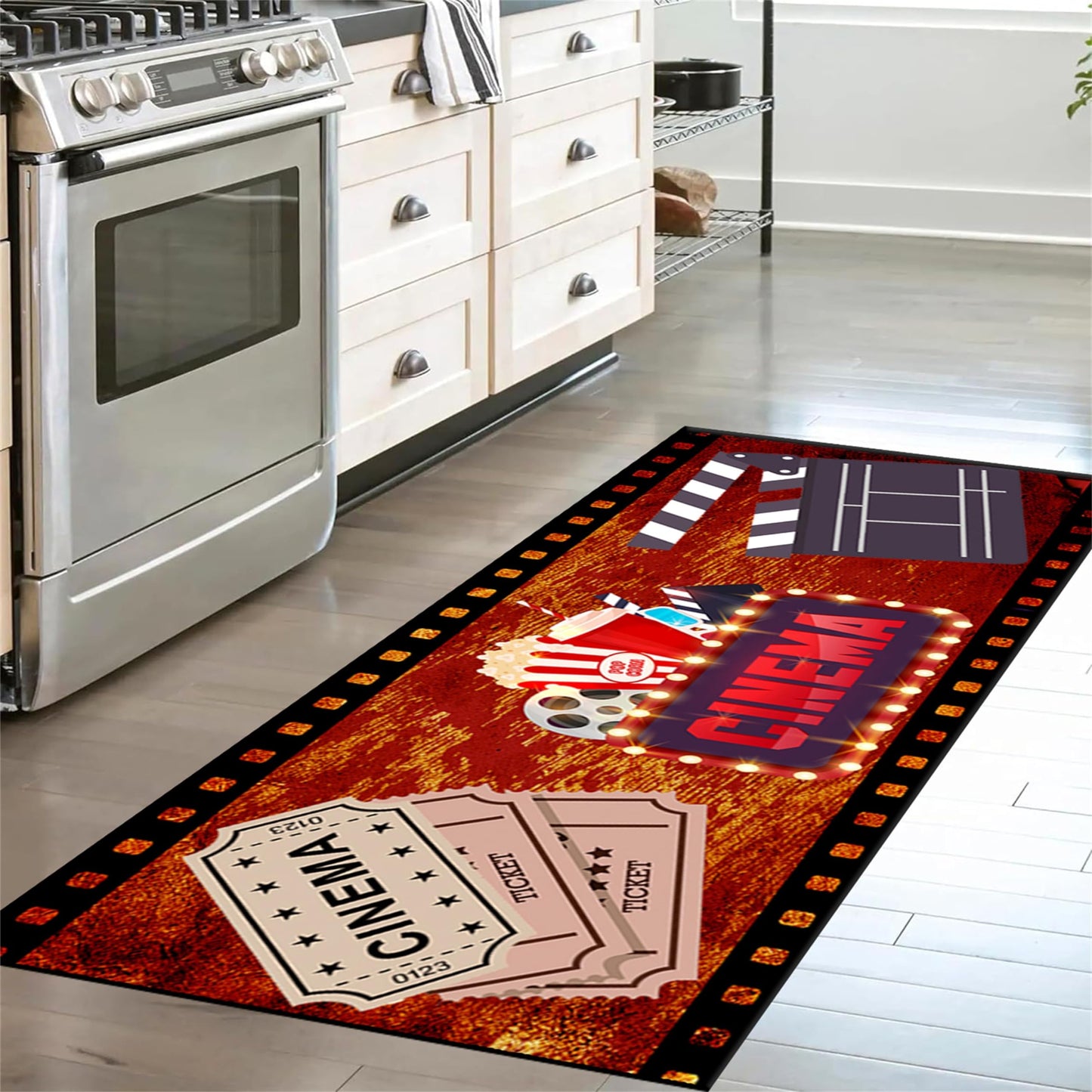 Srocvi Movie Time Long Rug Home Cinema Theatre Clapboard Ticket Popcorn Print Design Carpets for Living Room Retro Red Non-Skid Foldable Long Door Mats for Indoor Kids Bedroom Hallway Porch, 2x7ft