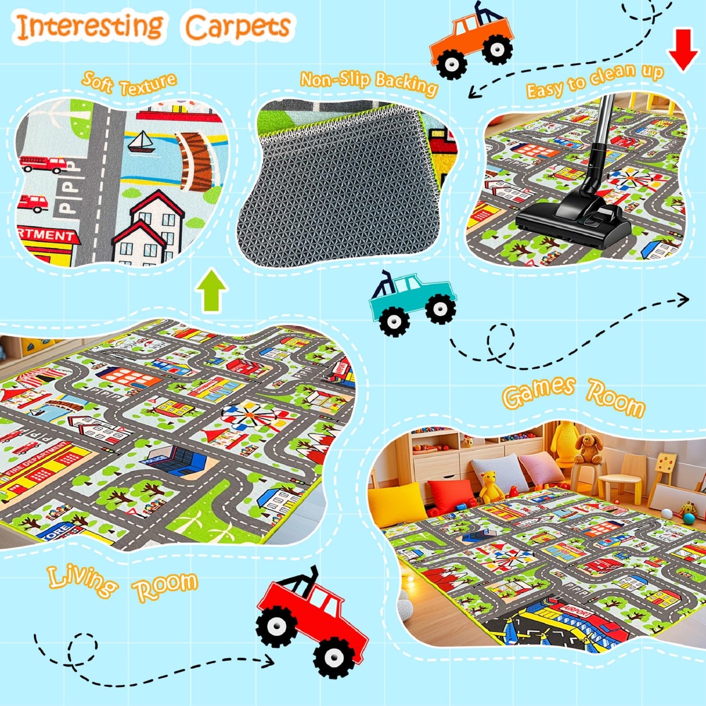 HBUFBUQ Car Rug 2.6x5 Feet - Road Carpet with Buildings & Supermarket Kids Play Rug for Plyroom City Rugs for Kids Play Activity