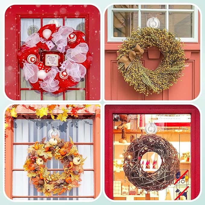 VIS'V Wreath Hanger, Large Suction Cup Wreath Hooks with Wipes, Heavy Duty, 22 LB Capacity, Removable and Reusable, Clear, 6 Pcs