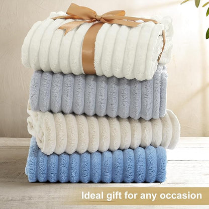 decorUhome Soft Fleece Blue Grey Twin Blanket for Bed, Cozy Fluffy Plush Flannel Striped Throws for Couch Sofa, Lightweight Decorative Ribbed Fuzzy Blanket for Woman, 60x80 Inches