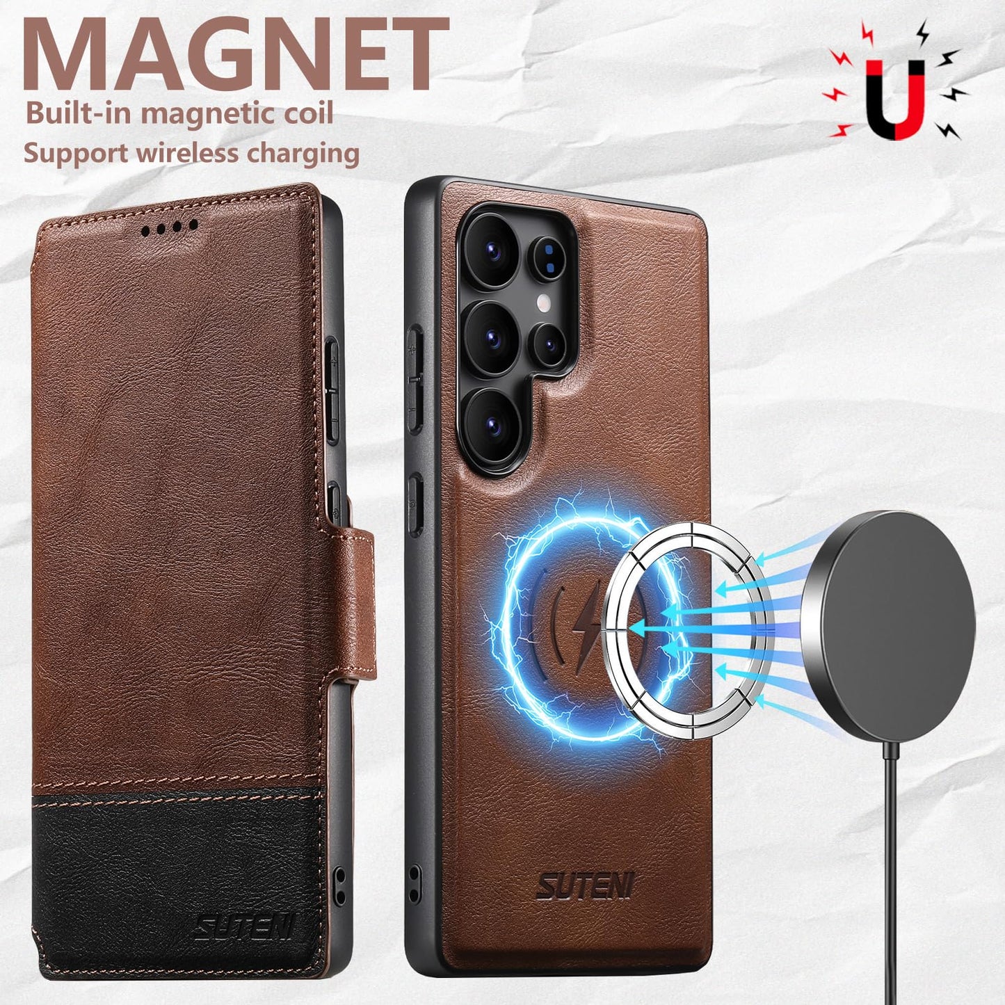 SINIANL for Samsung Galaxy S26 Ultra Leather Wallet Case Compatible with MagSafe Wireless Charging, Detachable Leather Cover with Card Slots Holder, Kickstand, Magnetic for Galaxy S26 Ultra Brown