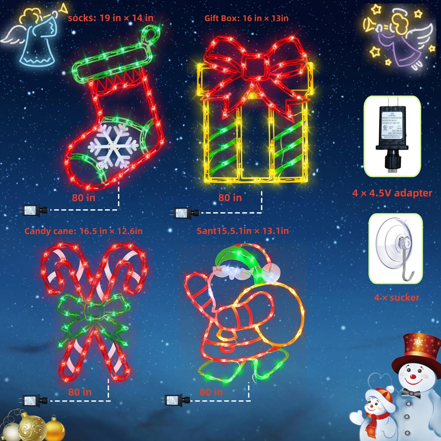 TRWYMZ 16" Christmas Window Silhouette Lights - 4 Pack Colour Lighted Christmas Stocking & Candy Cane & Gift Box & Santa for Holiday Indoor and Outdoor Wall Door Window Decorate