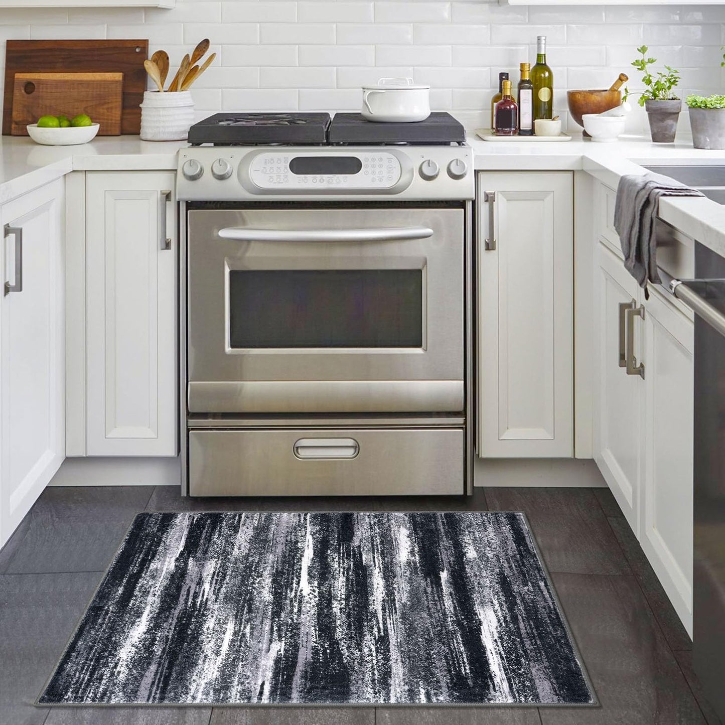 Lansny Modern Abstract Entryway Rug Indoor 2x3 Washable Rug Non-Slip Soft Small Area Rug Black Grey Kitchen Mats Thin Print Faux Wool Floor Carpet Throw Rugs for Entrance Bedroom