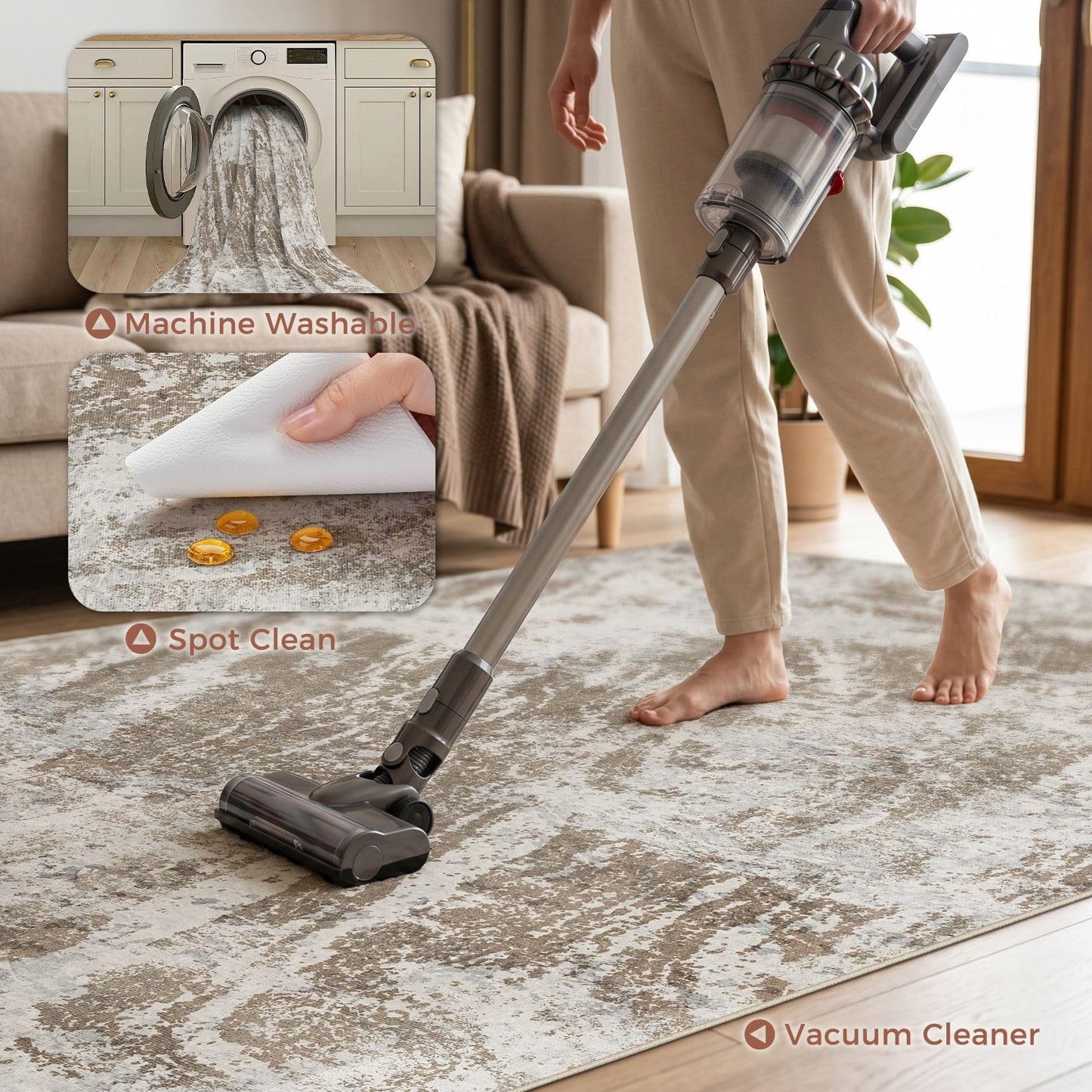 DMOYEST 5x7 Washable Area Rug: Abstract Modern Non-Slip Carpet, Soft Low Pile Indoor Neutral Easy Clean Floor Rugs for Living Room Bedroom Dining Room Kids & Pets - Brown