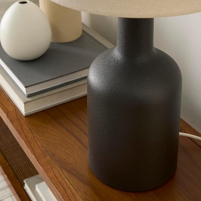Nourison Home 22" Matte Black Ceramic Table Lamp with Oatmeal Shade for Modern, Transitional, Bedside Table, Living Room, Dining, Entryway