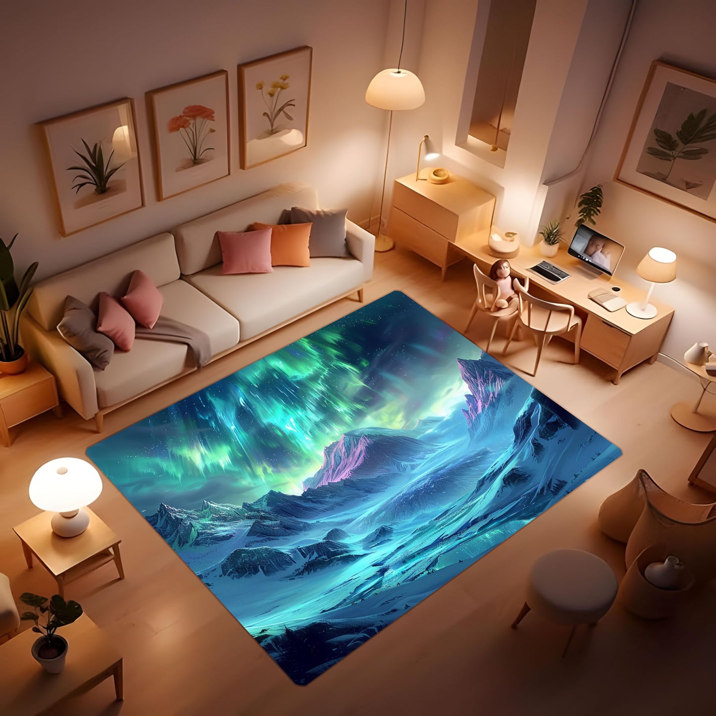Landscape Carpet Blue Green Purple Gradient Style Aurora Snow Mountain Range Comfortable Atmosphere Floor mat Suitable for Bedroom Home Decoration Great Gift Practical Item 24x36inch