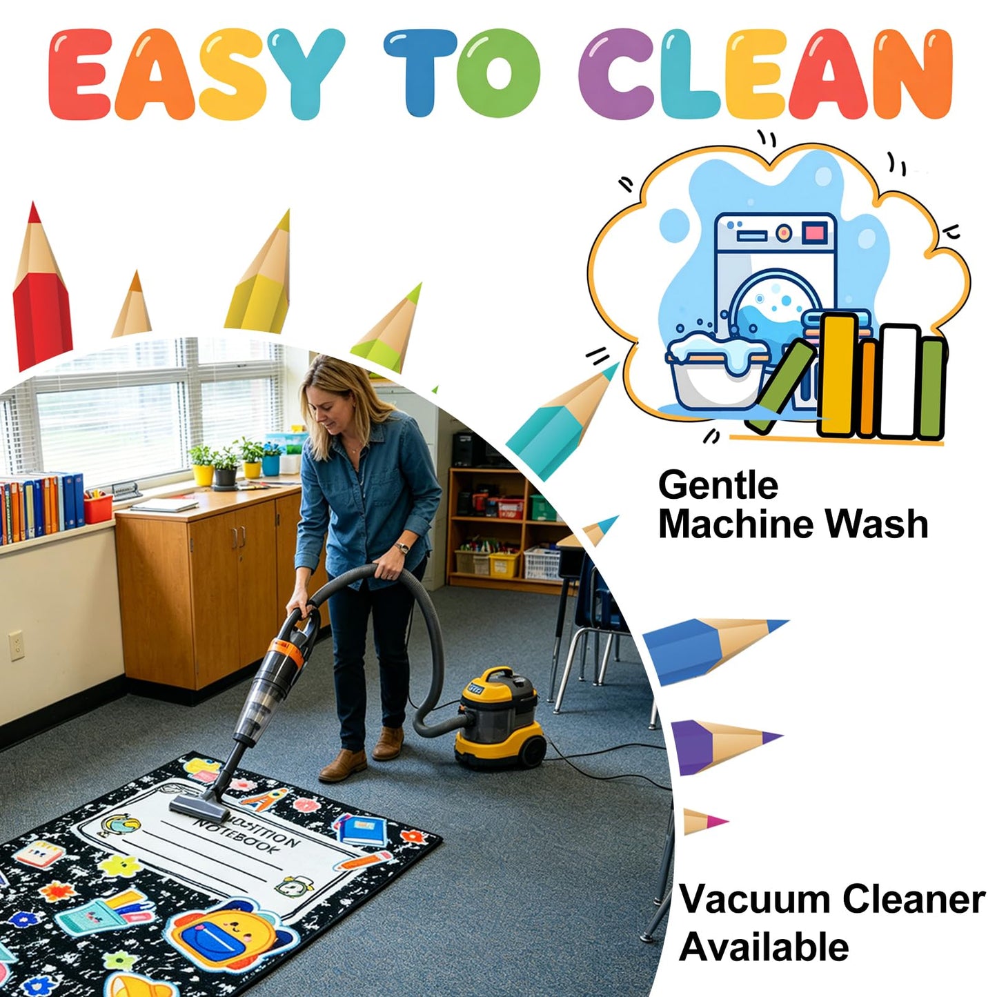 2 * 3feet Composition Notebook Classroom Rug Soft Educational Area Rug Kids Playroom Non-Slip Educational Learning Mat Play Carpet for Classroom Nursery Learning Corner Decor