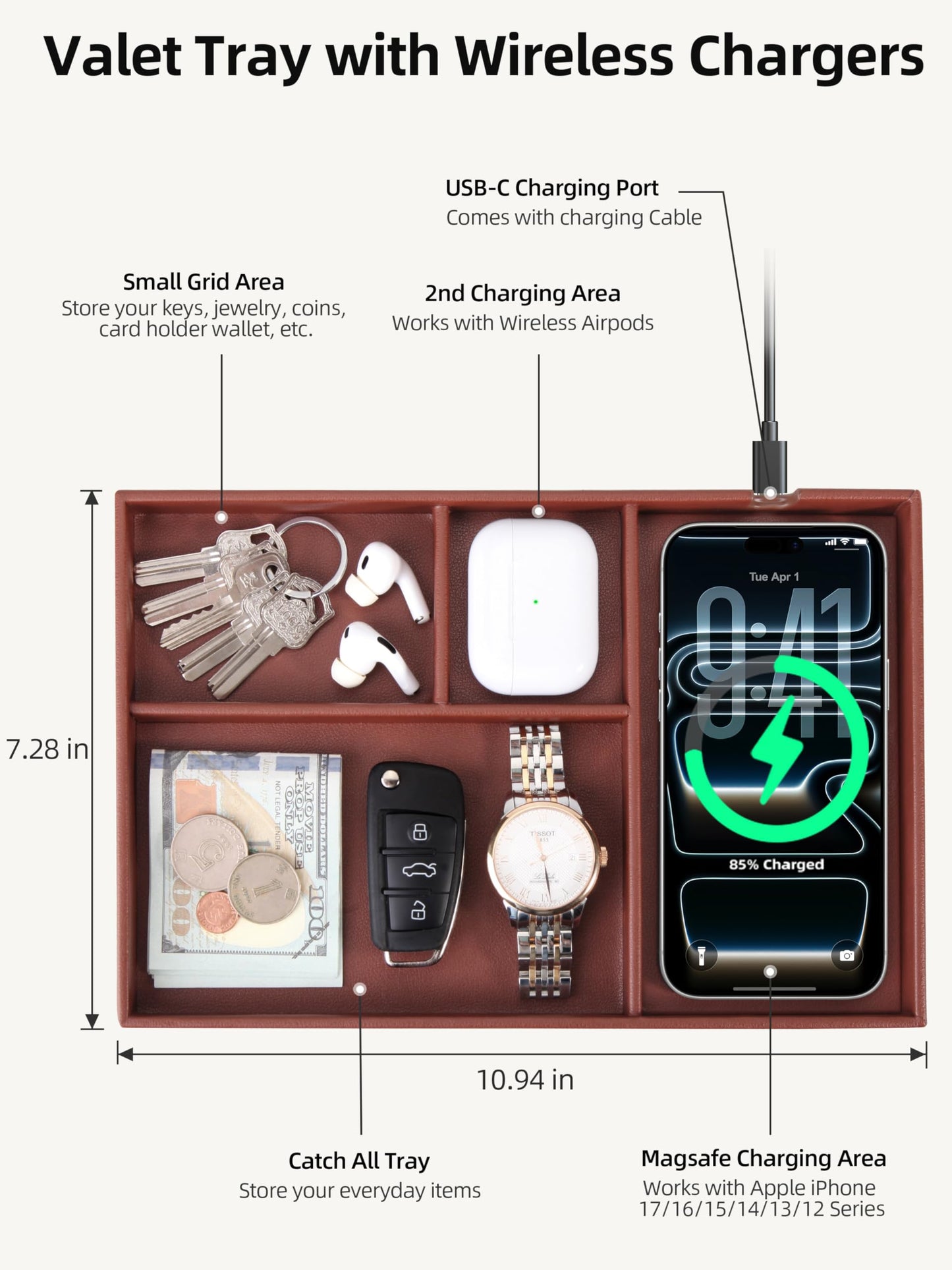 Investme Valet Tray, Built in Wireless Charger, Nightstand Organizer, Mens Jewelry Box, Dresser Organizer, Valet Charging Station, Faux Leather Valet Tray for Men and Women, Brown