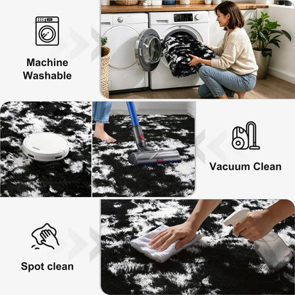 KIXINWA Rug for Bedroom, 4x6 Area Rug for Living Room, Fluffy Carpet for Kids Nursery Dorm Room, Soft Shag Non Slip Floor Rugs, Home Décor Carpet, Machine Washable, Tie-Dyed Black and White
