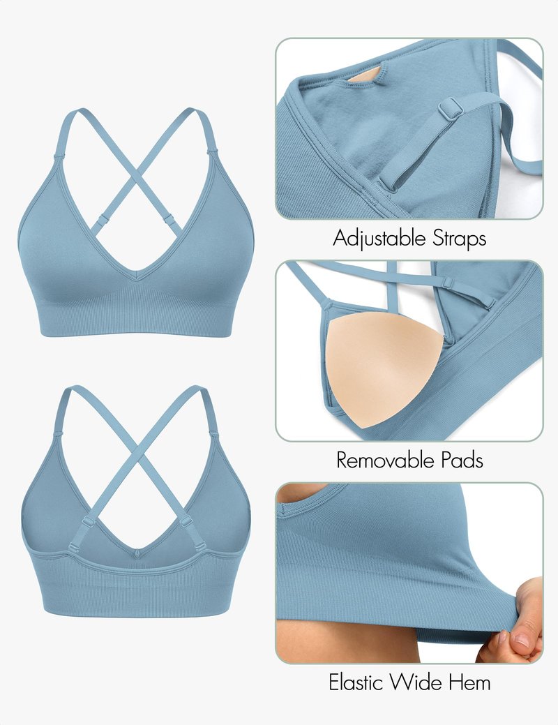 WANAYOU Sports Bras for Women, V Neck Adjustable Spaghetti Strap Criss Cross Sports Bra Padded Low Impact Wireless Seamless Sexy Bralettes for Athletic 3 Pack Black White Blue Medium