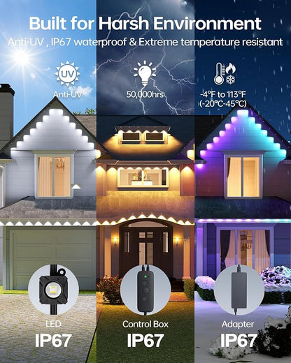 ASAHOM Permanent Outdoor Lights Pro S108D, 200FT with 144 RGBCW LEDs, WLED Integration, AI Lighting, 30000 Lighting Effect Combination, IP67 Waterproof for Halloween Christmas Daily Decor, Black