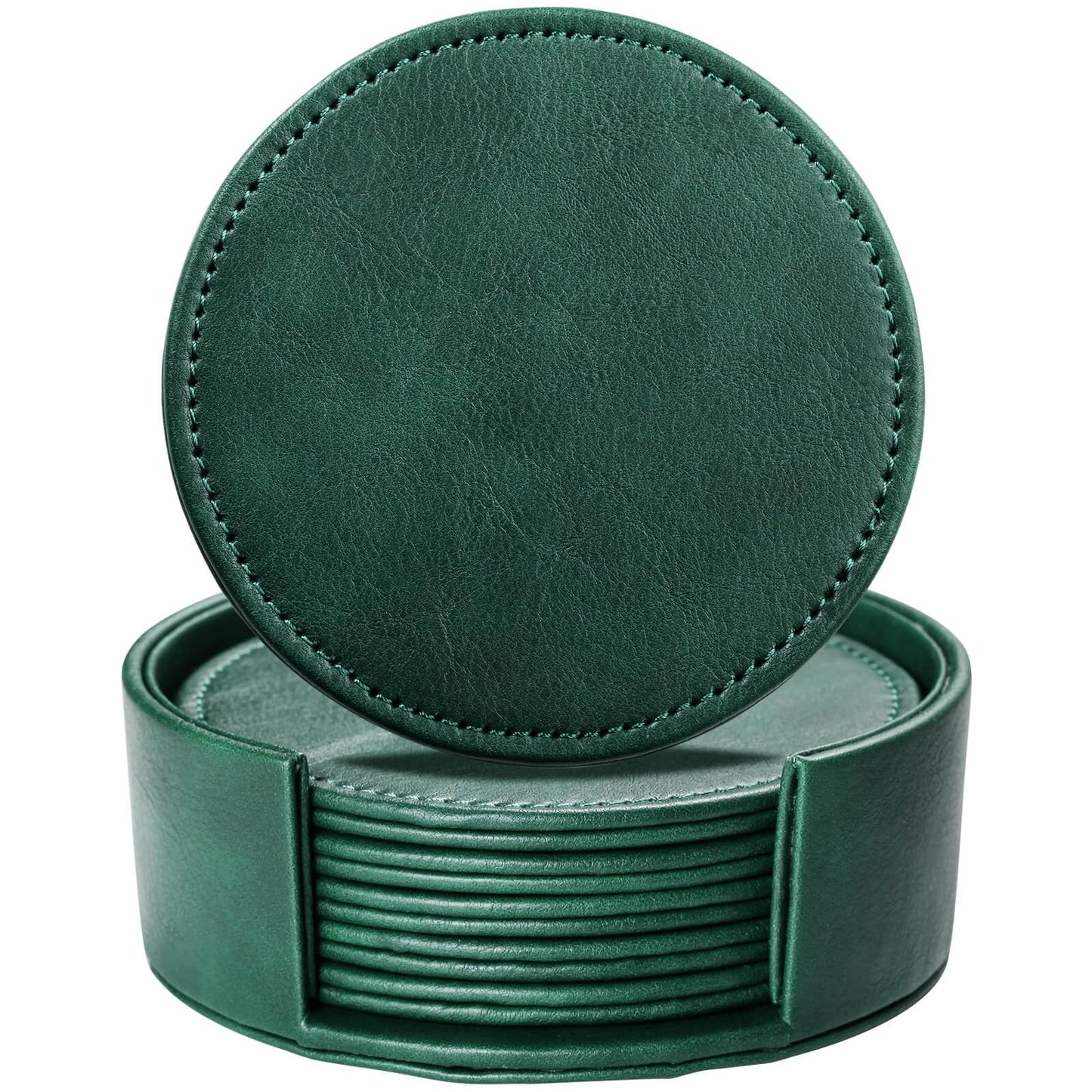 LAMOTI Leather Coasters for Drinks, 4" Drink Coasters Set of 6 with Holder for Tabletop Protection, Handmade Luxurious Home Décor and Housewarming Gift (Green)