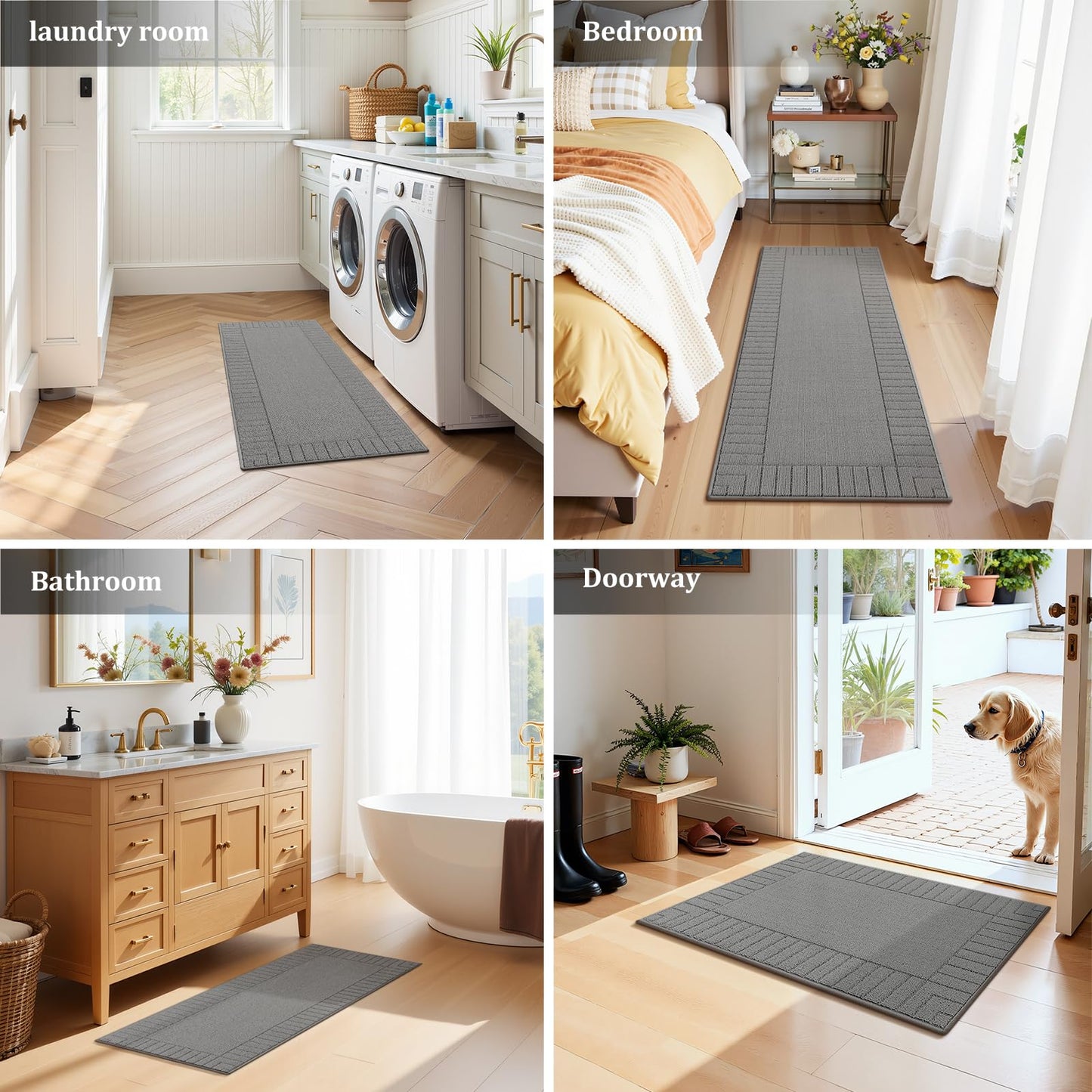 Pauwer Kitchen Mats for Floor 3 Piece Set Non Slip Kitchen Rugs Washable Farmhouse Kitchen Floor Mats Thick Long Area Rug Carpet Runner for Hallway Entryway Laundry Bathroom, Grey