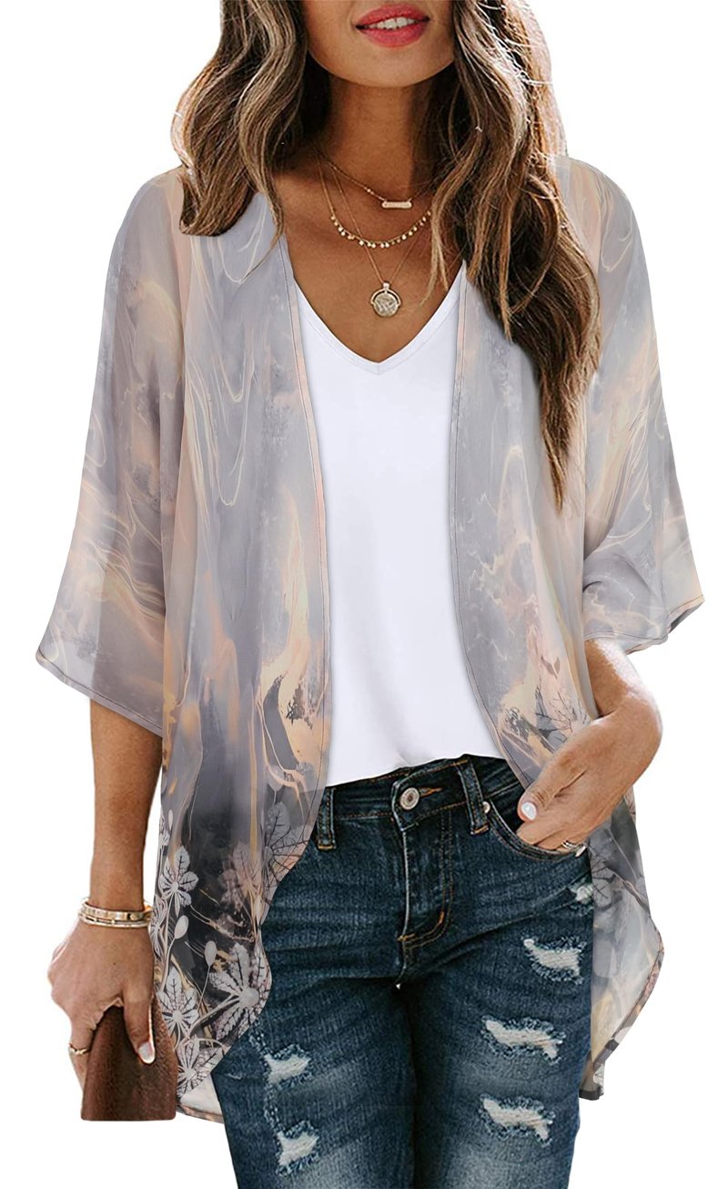 Women's Floral Print Puff Sleeve Kimono Cardigan Loose Cover Up Casual Blouse Tops (Grey Gold Floral,XXL)
