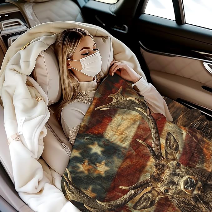 Blanket Vintage Deer Lightweight Soft Throw Blanket for Girls Teens Women, American Flag Fuzzy Blanket Home Room Decor 50x60 Inches