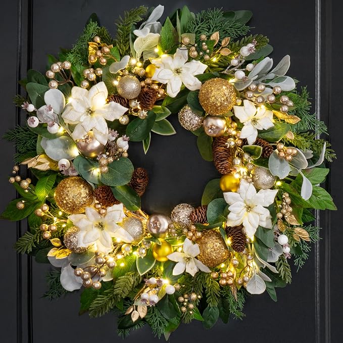 Christmas Wreaths for Front Door with Lights 24 Inch Prelit Christmas Wreath, Christmas Door Wreath with White Flowers, Gold Ornaments, Pine Cones, Greenery & Berries Indoor Outdoor