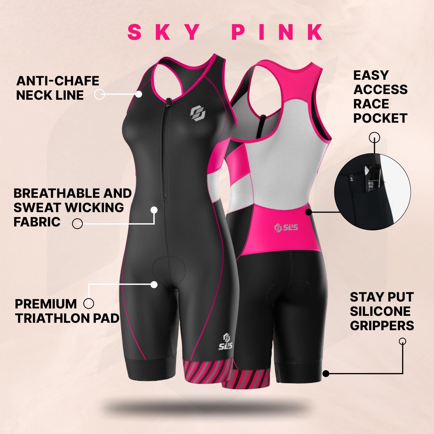 SLS3 Triathlon Suits Women – Sleeveless Trisuit Women - Premium FX Fabric, Tri Suit Womens Triathlon Suit, No Shelf Bra (Sky Pink, Medium)