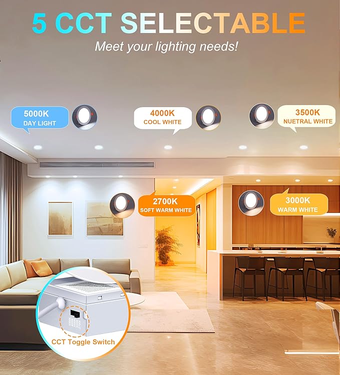 CLOUDY BAY 6 Pack 4 Inch 5CCT Ultra-Thin LED Recessed Ceiling Light with Junction Box,2700K/3000K/3500K/4000K/5000K Selectable,10W Dimmable Canless Wafer Downlight,White,650LM High Brightness