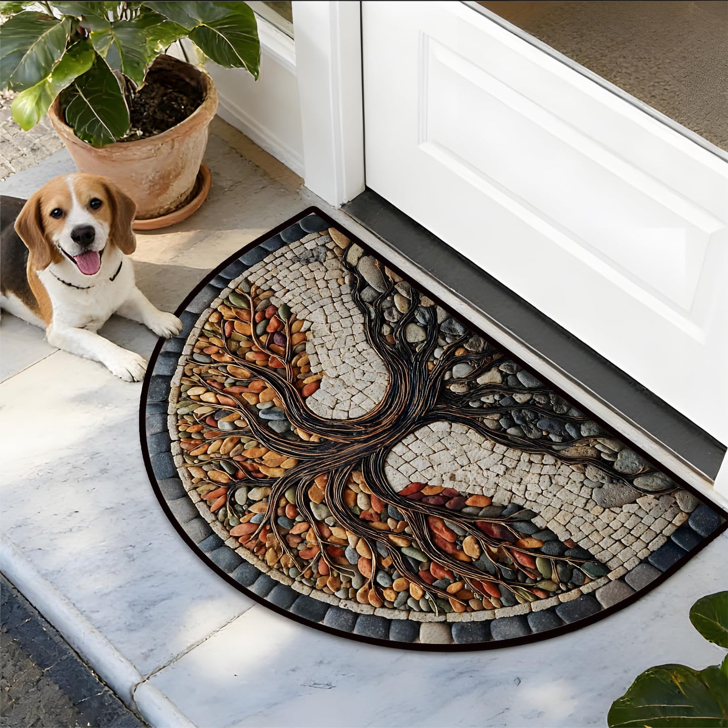 NYZE Semi Circle Door Mat Half Round Welcome Mat Non Slip Low-Pile Absorbent Half Circle Entryway Rug for Bathroom Bedroom Laundry Room (Tree of Life-A, 24"×36")