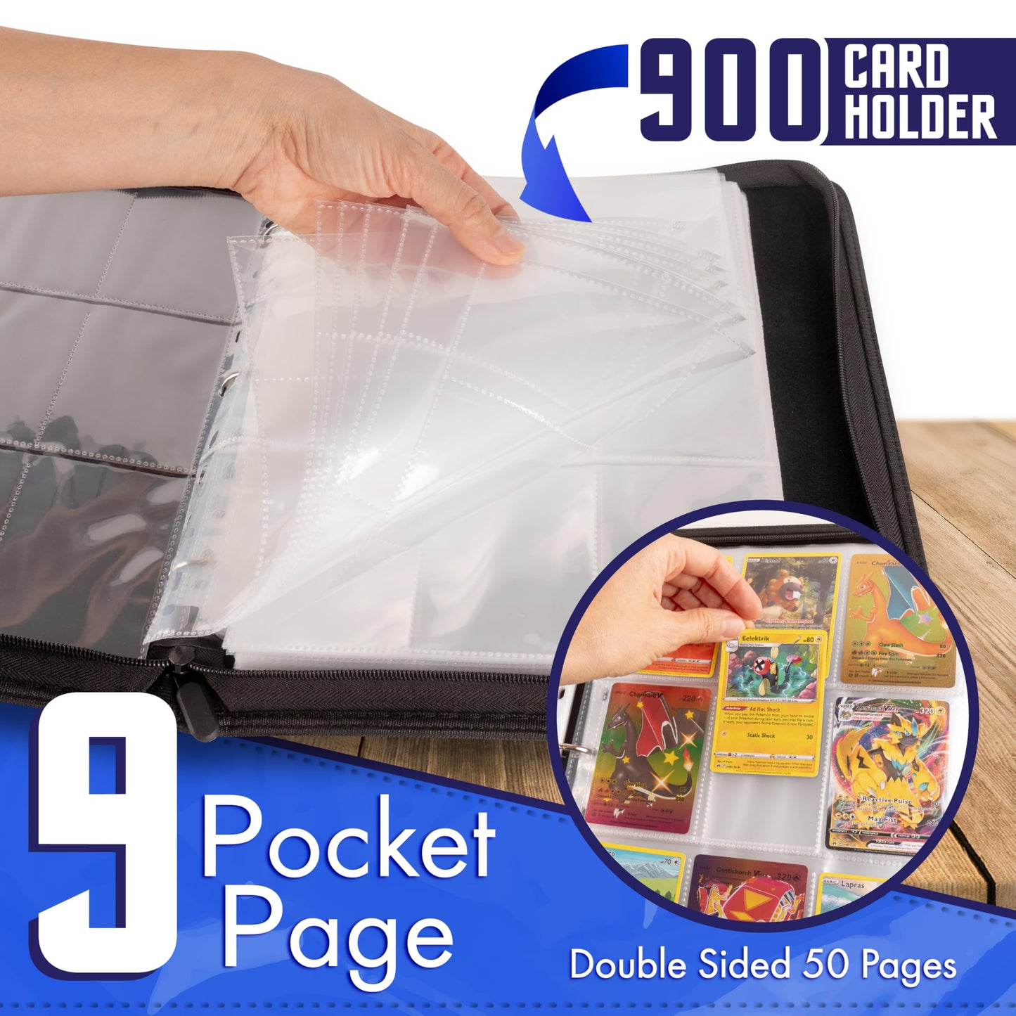 Pokemon Card Binder 900 Pocket with Magnifying Glass - Trading Card Storage Album Zipper 3 Ring for MTG Sports Cards TCG - Premium Red Holder Organizer