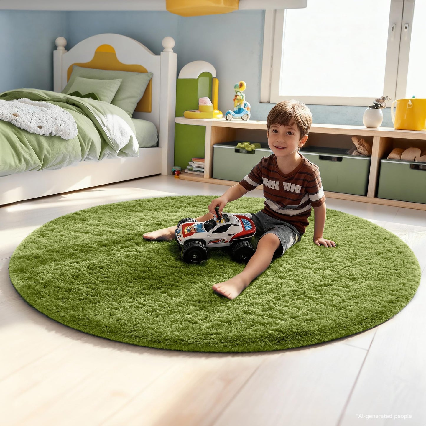Ophanie Round Rug 5Ft Green Circle Area Rug, Green Room Decor, Fluffy Fuzzy Bedroom Carpet, Plush Soft Shaggy Living Room Rugs for Kids Home Decor Aesthetic, Nursery