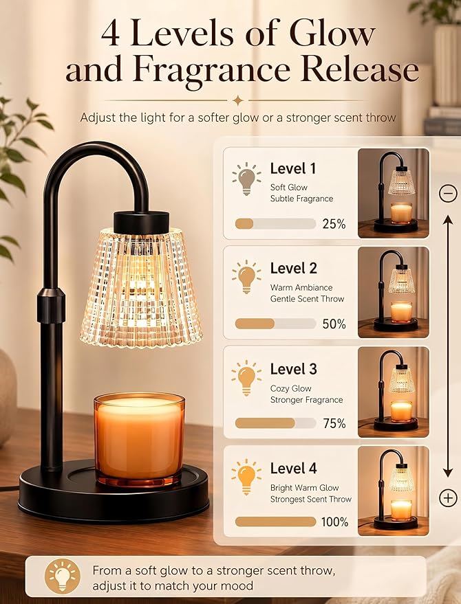 Girece Candle Warmer Lamp with Timer and Dimmer, Adjustable Height Electric Candle Warmer for Jar Candles, 2 Bulbs, Birthday Gifts for Women, Modern Home Decor Housewarming Gifts New Home