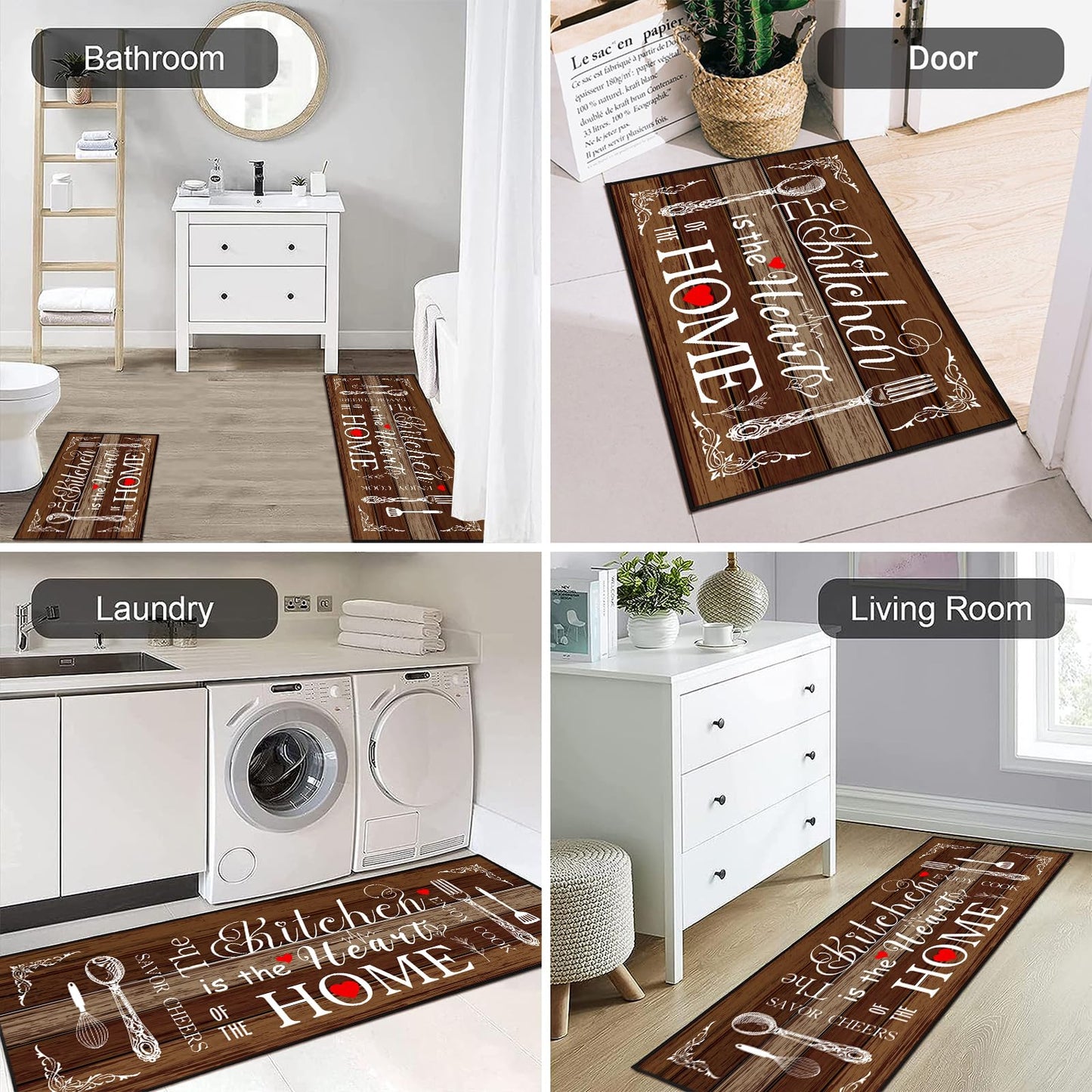 AmaAccess Farmhouse Kitchen Rug 2 Piece Set, Brown and White Rustic Kitchen Decor Rugs, Non-Slip, Absorbent, Washable Floor Mats, Home Indoor Runner Carpet (Brown, 17x30+17x47 Inches)