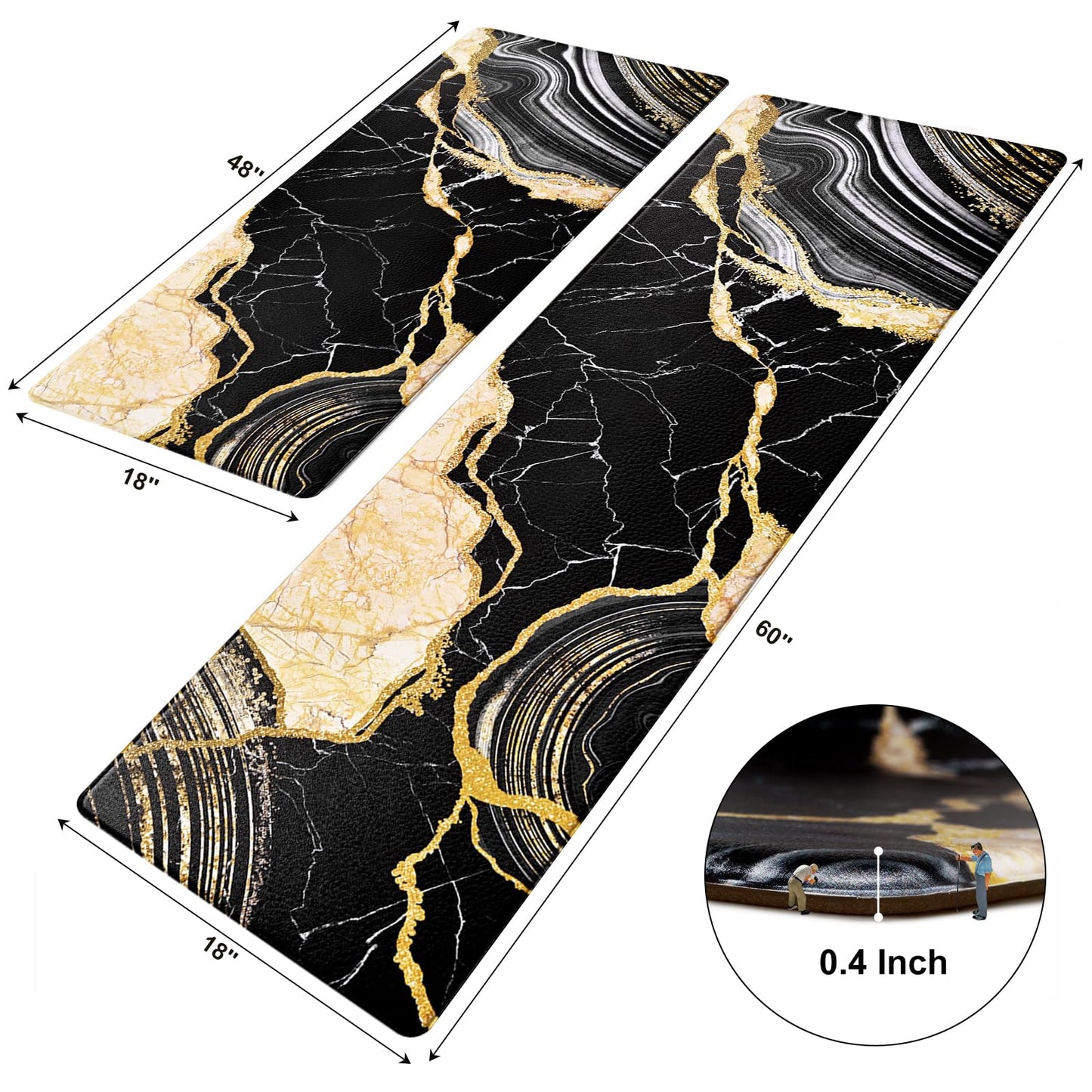 ASPMIZ 2 Piece Marble Kitchen Runner Rugs Set, Anti Fatigue Cushioned Kitchen Floor Mats, Black Gold Marble Kitchen Rugs Non Slip, PVC Waterproof Kitchen Mats for Sink, 18'' x 48'' + 18'' x 60''