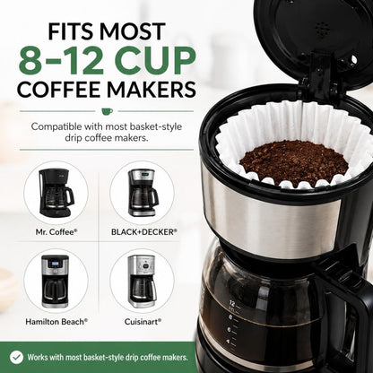 Coffee Filters for 8-12 Cup, 100 Count White Basket Coffee Filters, Strong & Tear Resistant Disposable Paper, Compatible with Most Basket Coffee Makers