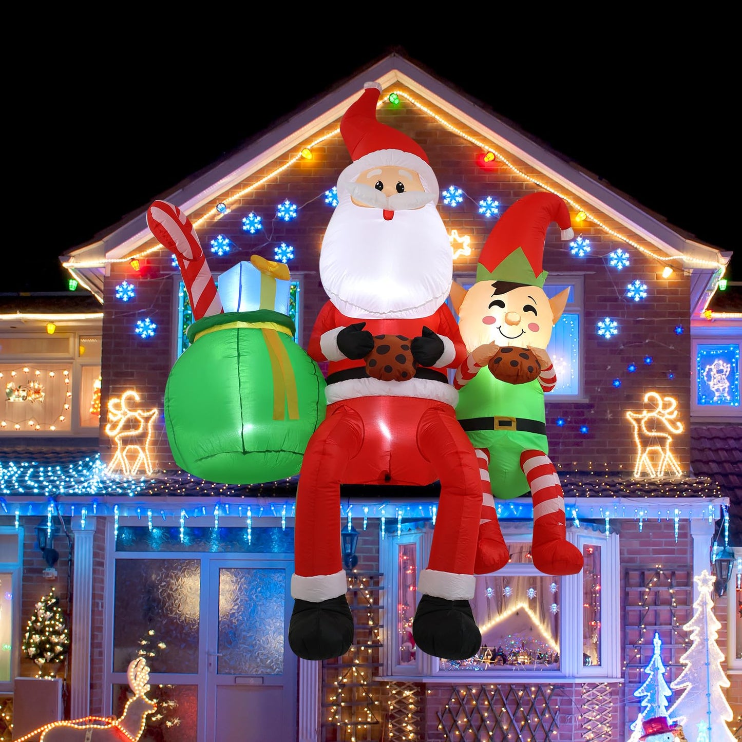 InfleasJoiy 8FT Santa Claus Sitting on the Roof Christmas Inflatable Decoration with LED Lights, Suitable for Holiday Celebration Decorations in Courtyards, Lawns, Terraces, etc.