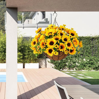 Homsunny Artificial Sunflowers Fake Hanging Flowers Plants Baskets for Outdoor Fall Decoration, Faux Silk Flowers Look Real UV Resistant for Porch Patio Garden Autumn Home Decor