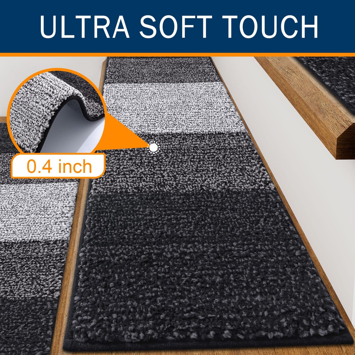 OLANLY Stair Treads Non Slip 10PCS, 8" x 30" Indoor Stair Runners for Wooden Steps, Edging Stair Rugs with Reusable Peel and Stick Adhesive for Kids Elders and Pets, Black