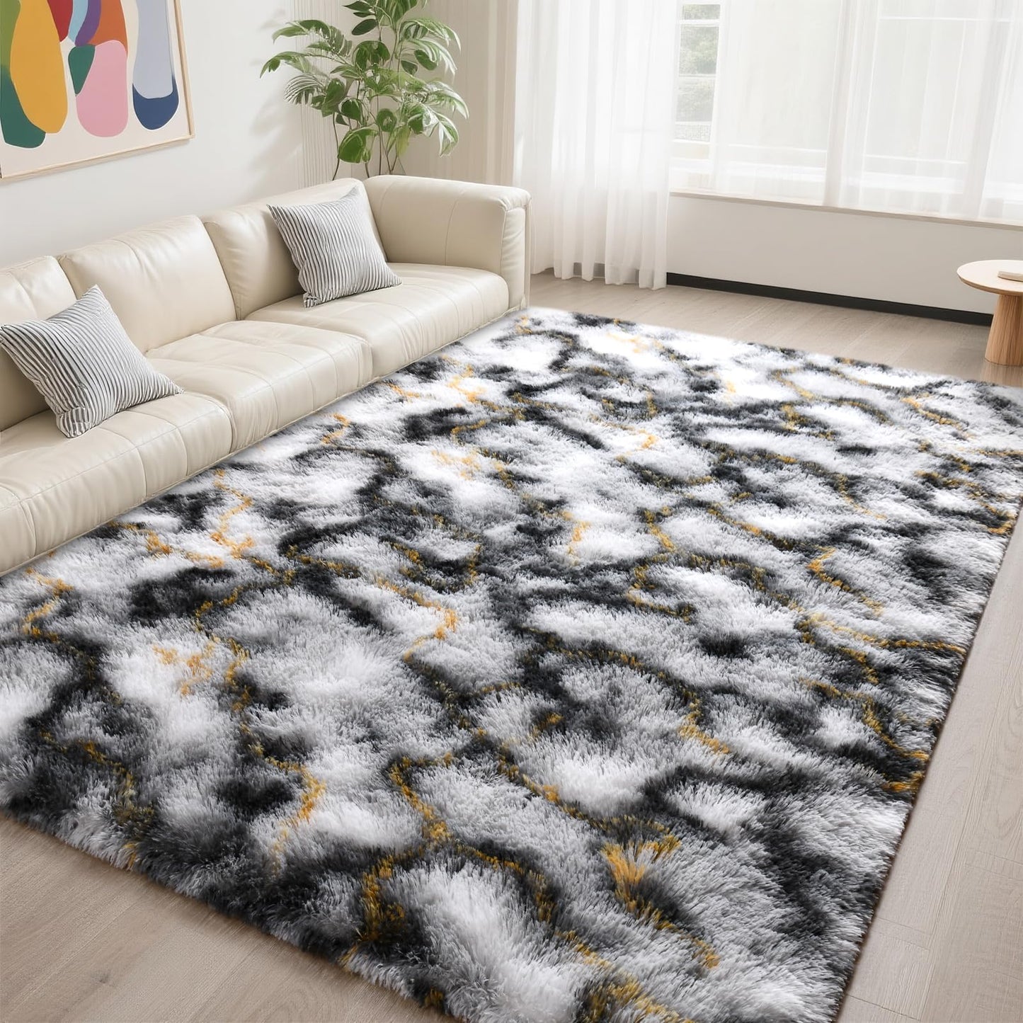 DweIke Fluffy Black White Gold Rugs for Bedroom Living Room, 4x6 Feet Soft Plush Shaggy Tie-Dyed Girls Boys Kids Rug, Upgraded Non-Slip and Machine Washable Carpet for Dorm Nursery Classroom Decor