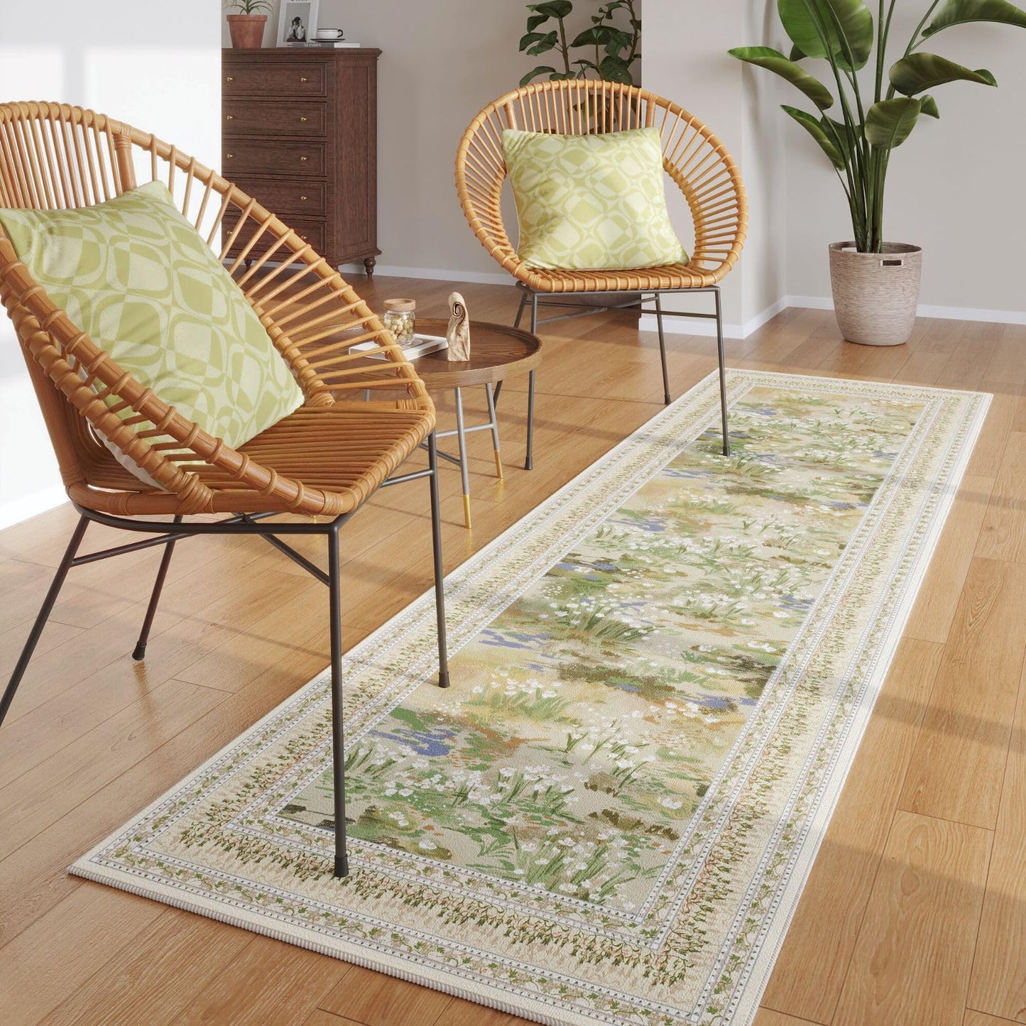 Rugcomf 2x6 Runner Rug Impressionist-Style Vintage Kitchen Rugs Non Slip Washable Soft Carpet Runner for Kitchen Laundry Bedroom Bathroom, Beige