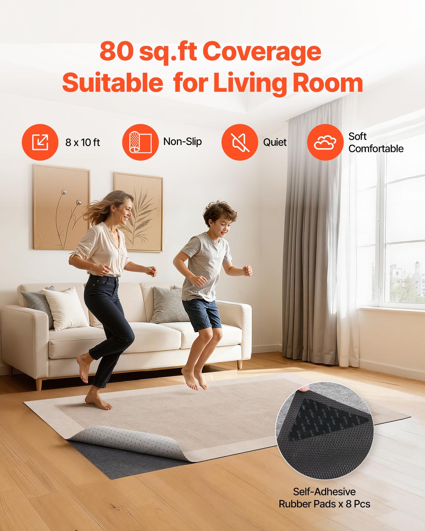 VEVOR Rug Pad 8 x 10 ft, Non-Slip Carpet Area Pad 0.12in Rug Mat Padding with Dual Surface Felt Cushion & Rubber Gripper, Hardwood Floor Protection for All Floors, Finishes, Keeps Carpets in Place