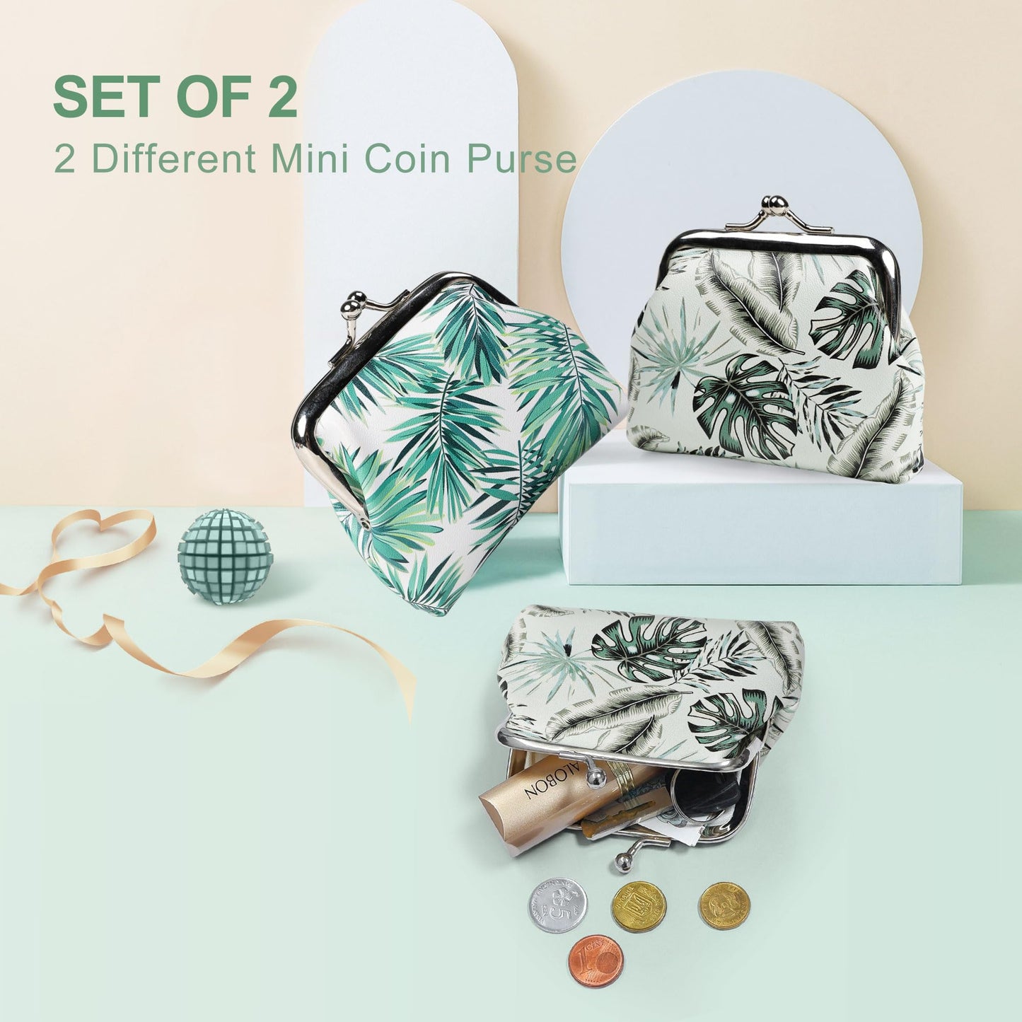 SNCCJ Cute Small Coin Purse for Women Girls, 2 Pack Chic PU Leather Mini Change Pouch with Kiss Lock Clasp, Portable Fashion Accessories Gift for Her or Her Daughter (Leaves)