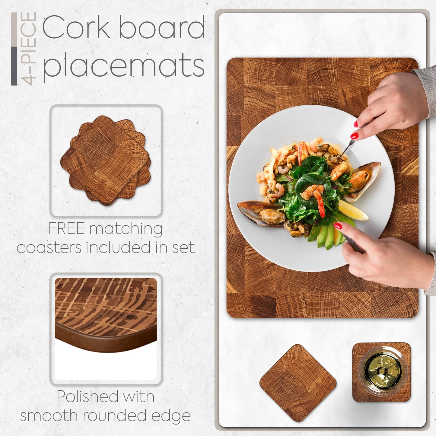 Moderry Set of 4 Heat Resistant Cork Placemats for Dining Table with Free Set of 4 Matching Drink Coasters Marble Design 16 x 12 Inches Cork Backed Hard Placemats (Honey Oak)