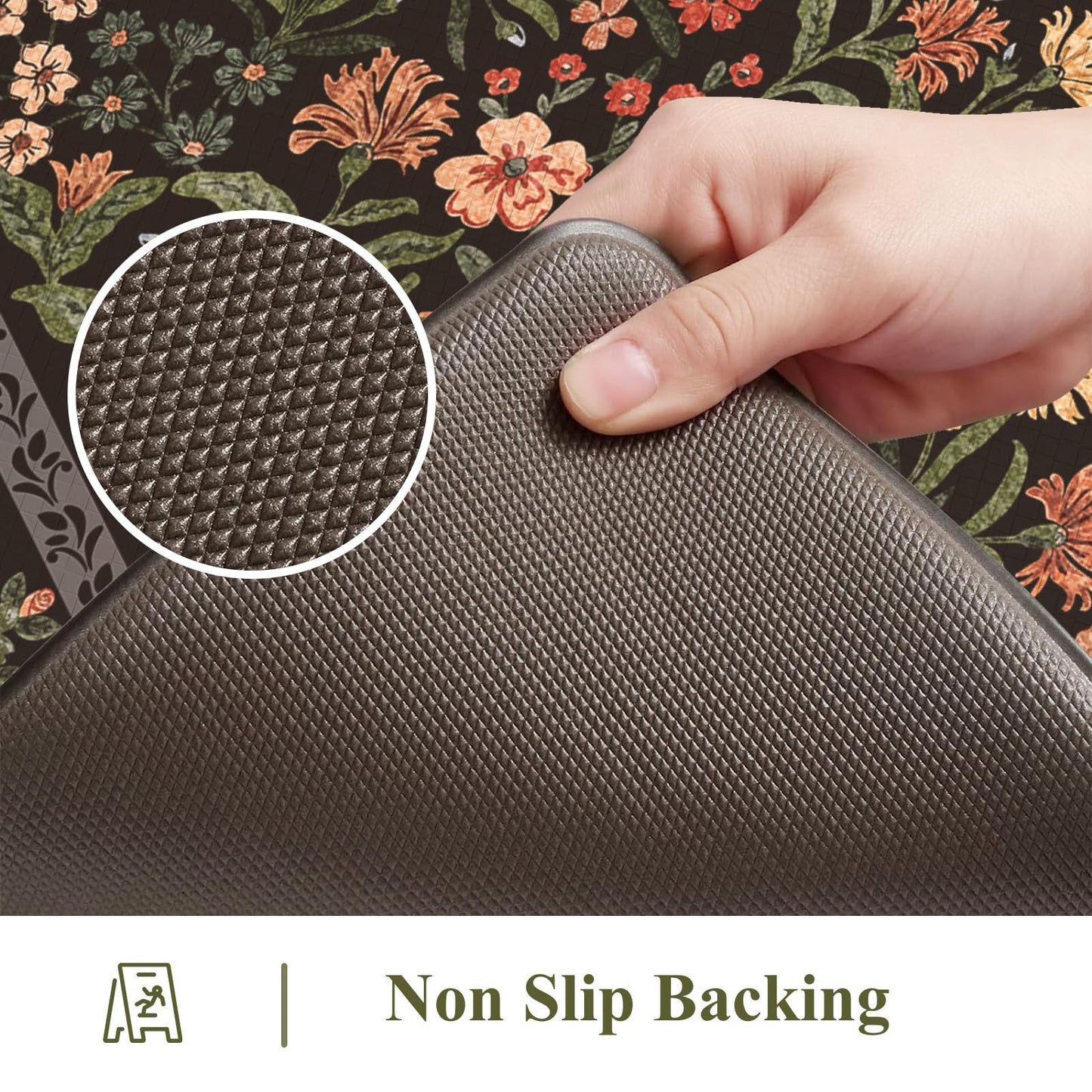 Collive Anti Fatigue Mat for Kitchen Floor, Waterproof Cushioned Sink Mats Non Slip Floral Kitchen Rugs Set of 2, Black Comfort Modern Standing Rug for Office, Laundry, Desk, 17"x30"+17"x47"