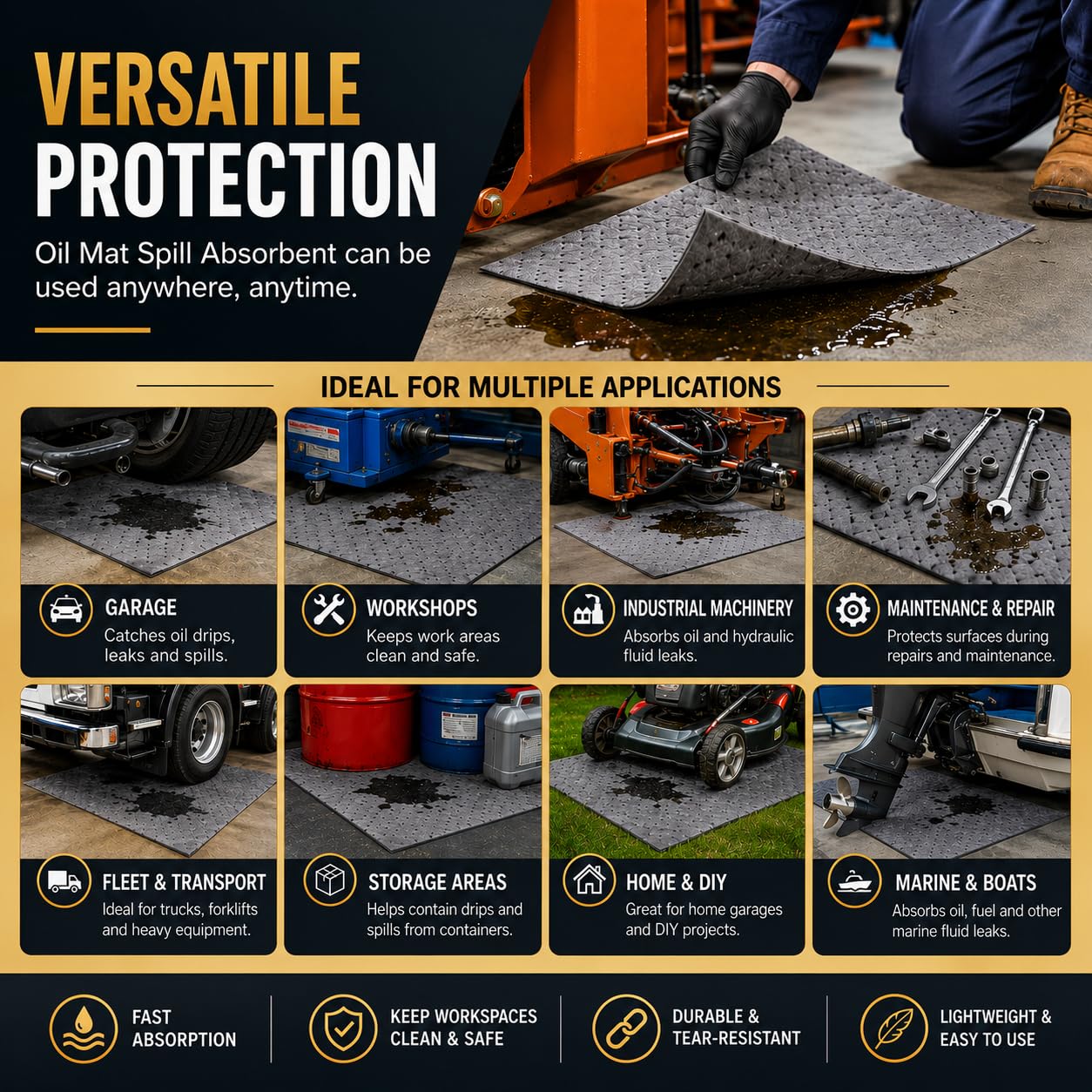 ATERET Oil Mat I Medium Weight Universal Absorbent Pad I 15" x 18" I 100 Universal Absorbing Pads I Grey