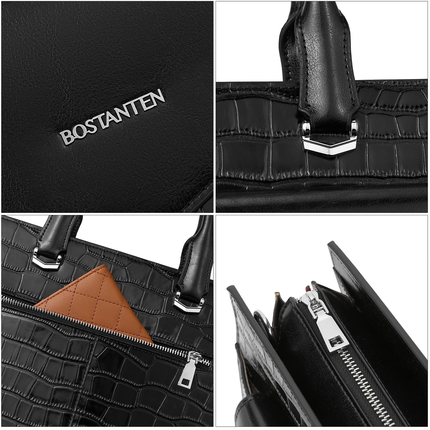 BOSTANTEN Laptop Briefcase for Women 15.6 Inch Tote Bag Genuine Leather Handbag Crocodile Pattern Work Bussiness Bag