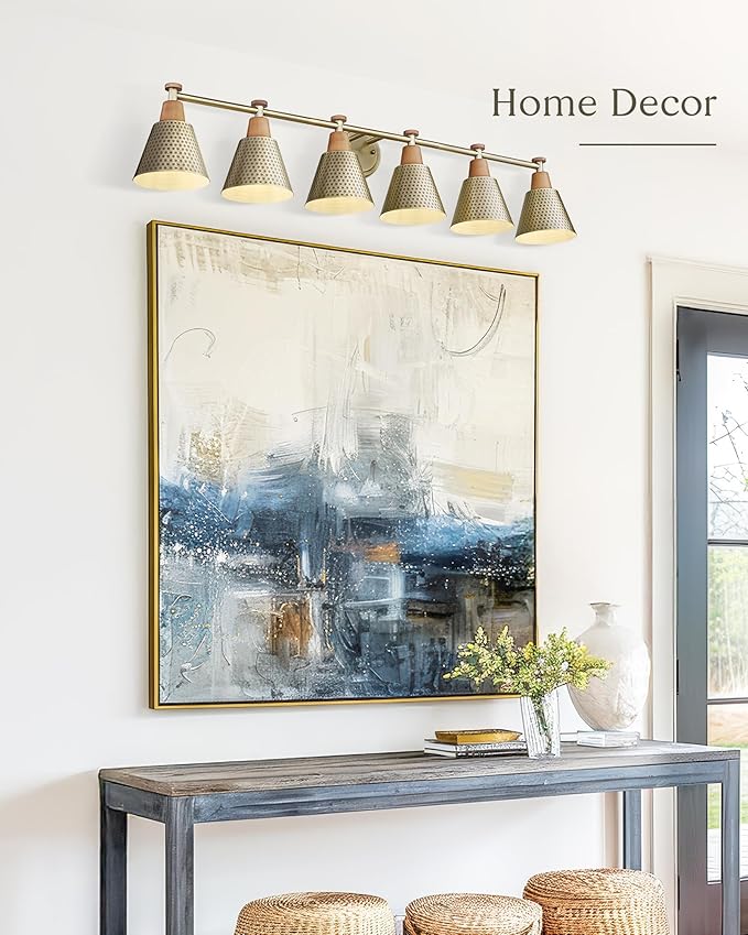 FEMILA Brass Light Fixture Bathroom, 6 Light Brushed Gold Vanity Light, 45.3" Bathroom Lighting Fixture Over Mirror, 4FG59B-6W BG